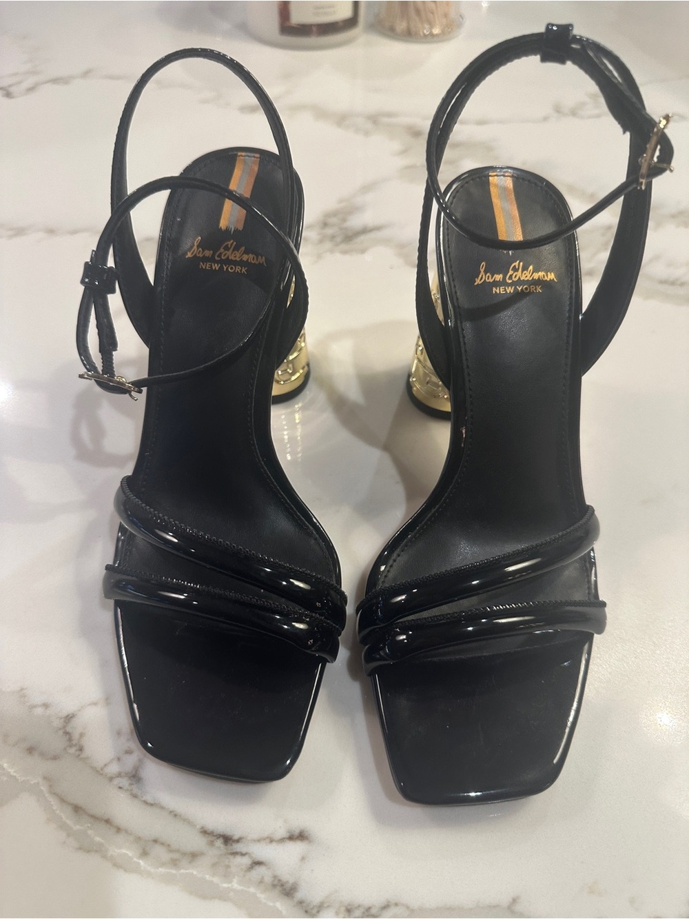 Sam Edelman Black Patent Ankle-Strap Sandals with Gold Block Heel